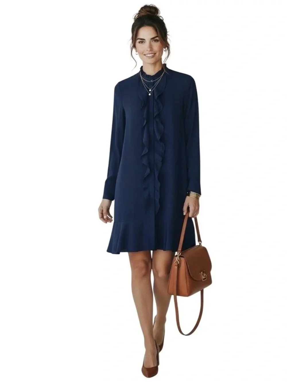 Tory Burch Jane Shirt Dress Size 0 Navy Blue Ruffle Crepe de Chine $425